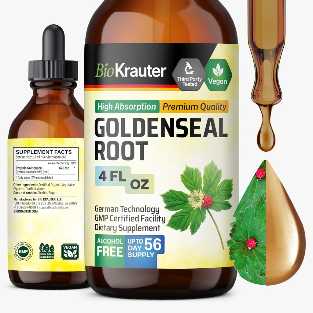 BIO KRAUTER Βάμμα Goldenseal - Vegan Lung Cleanse & Detox - Golden Seal Herb Supplement - Αλκοόλ & Ζάχαρη Δωρεάν σταγόνες - 4 Fl.Oz.