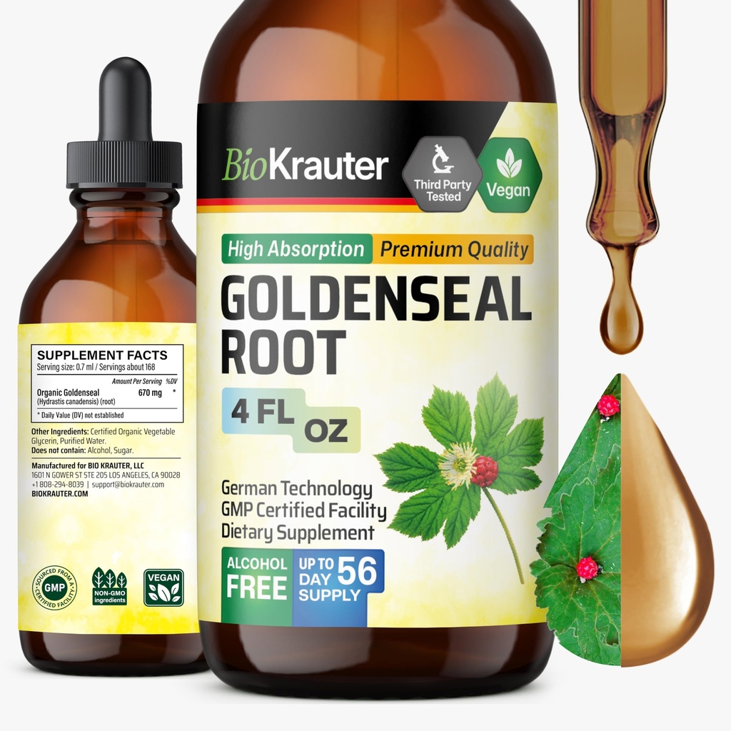 BIO KRAUTER Βάμμα Goldenseal - Vegan Lung Cleanse & Detox - Golden Seal Herb Supplement - Αλκοόλ & Ζάχαρη Δωρεάν σταγόνες - 4 Fl.Oz.