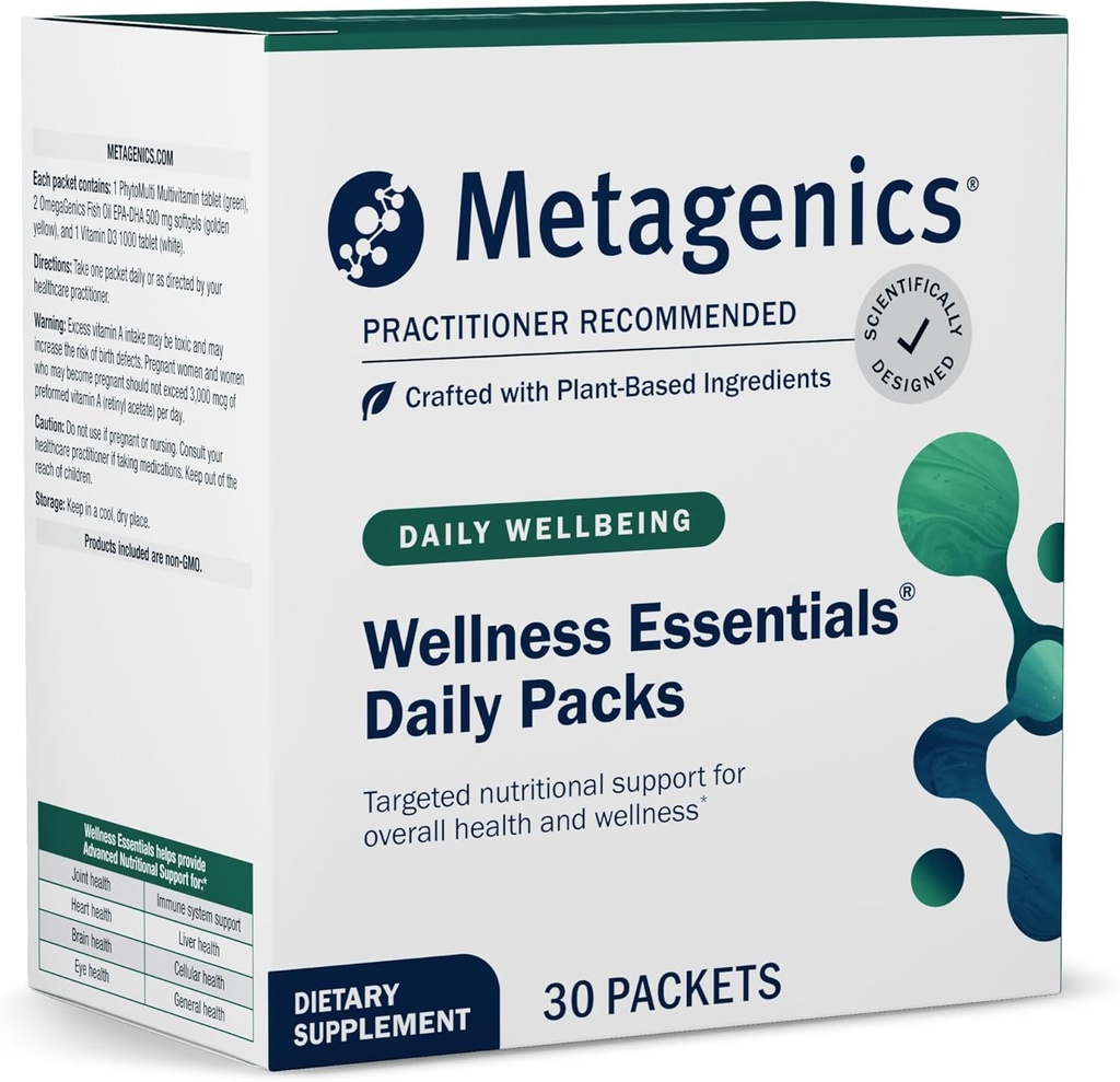 Metagenics Wellness Essentials Daily Packs - Multivitamin & Omega-3 Packets με Βιταμίνες A, C, D, E & B - Υποστηρίζει την καρδιά, τον εγκέφαλο, το ανοσοποιητικό και την υγεία των οστών* - Μη GMO, Gluten-free - GMP Certified Facility