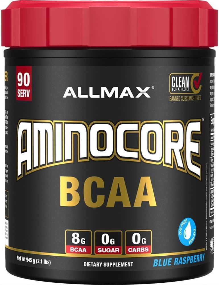 ALLMAX Διατροφή AMINOCORE BCAA, Blue Raspberry - 945 g Κόνις - 8,18 γραμμάρια διακλαδισμένης αλυσίδας Αμίν Οξέα ανά σερβίρισμα - με βιταμίνη Β - Χωρίς πληρωτικά ή μη BCAA Aminos - Χωρίς ζάχαρη - 90 σερβιρίσματα