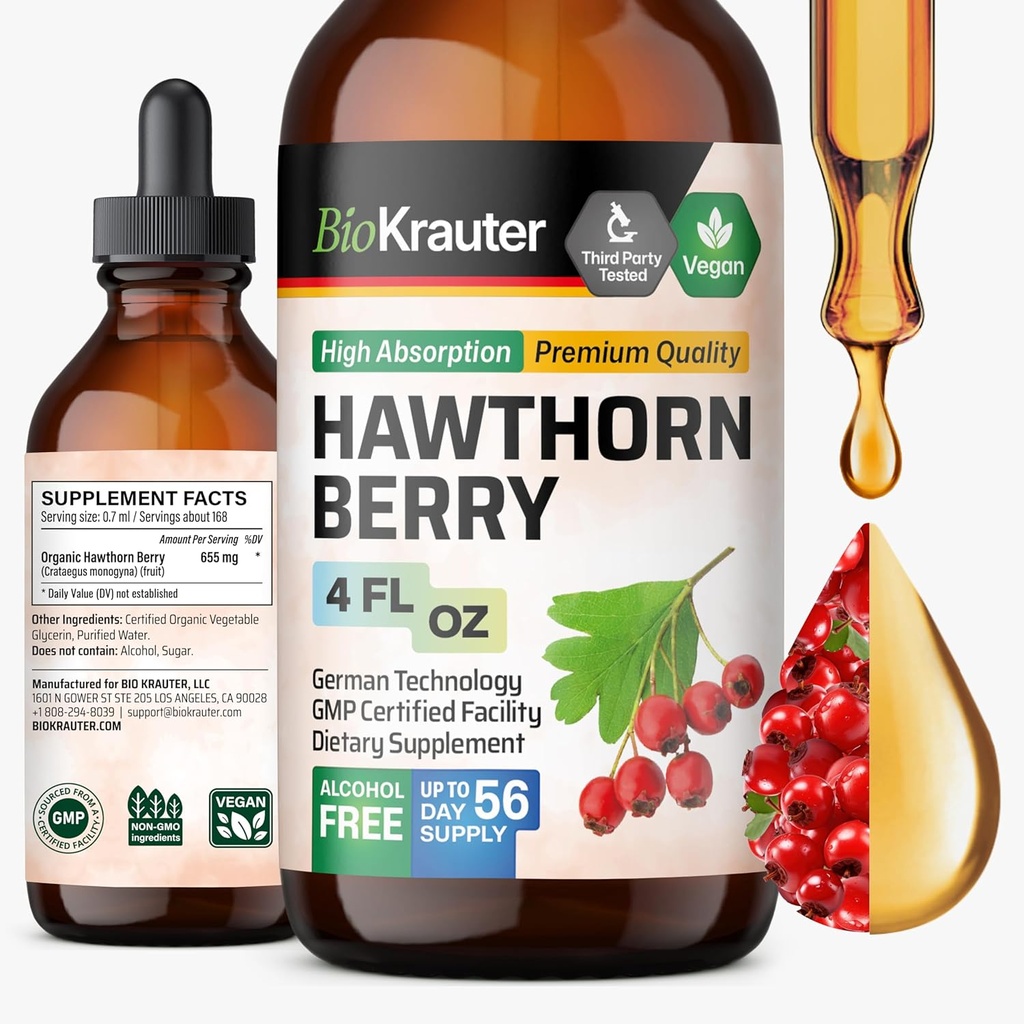 BIO KRAUTER Hawthorn Berry Extract Tincture - Natural Hawthorne Berry Supplement - 100% Pure Formula - Vegan Sugar & Alcohol Free - 4 Fl. Oz. - 56 Ημέρα προσφοράς