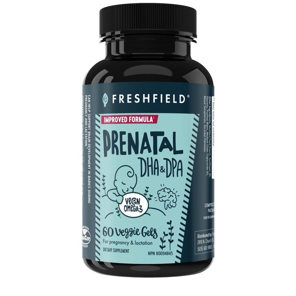 Freshfield Προγεννητική Vegan Omega 3 DHA: Βιώσιμη, Carragenan δωρεάν, τρίτο μέρος δοκιμαστεί, Compostable μπουκάλι, άνθρακα ουδέτερο. Υποστηρίζει καρδιά, εγκέφαλο, κοινή υγεία w/DPA