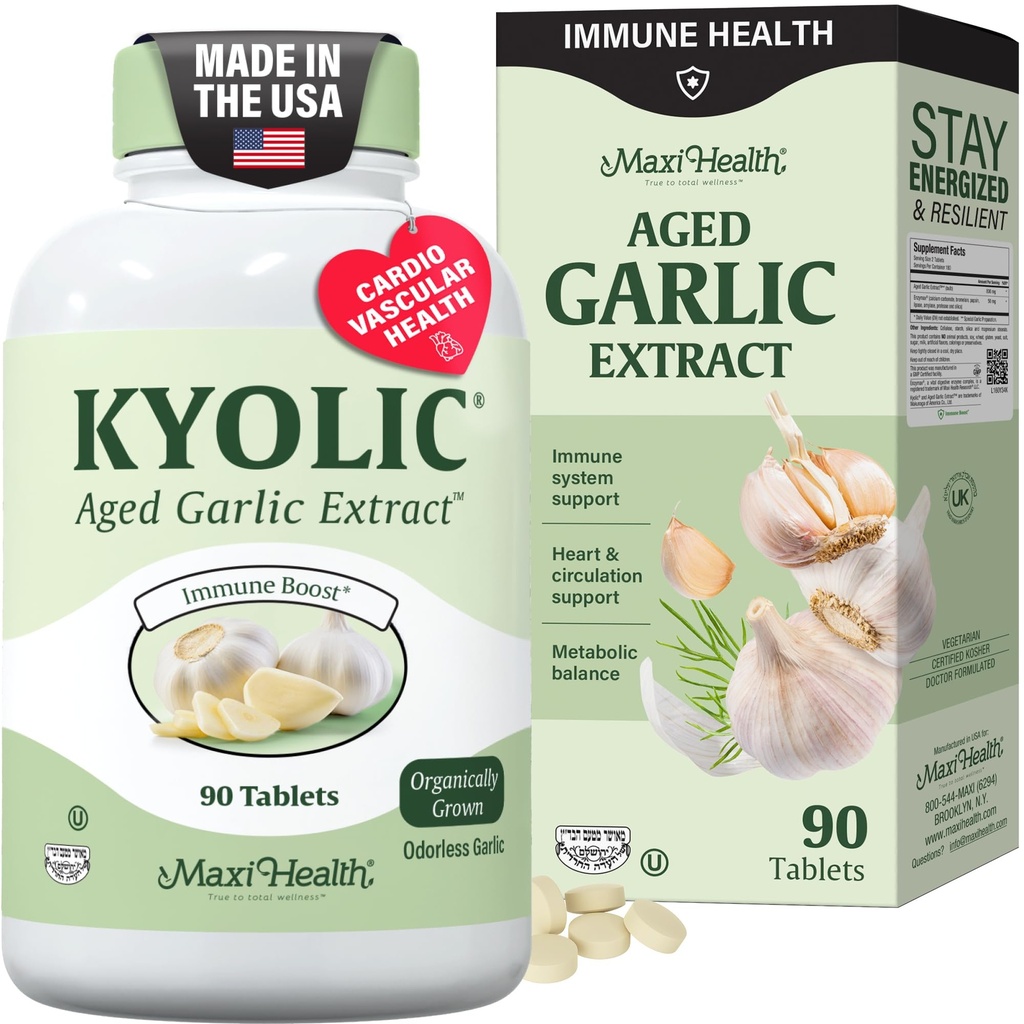 Maxi Health Kyolic Organic Garlic Supplement - Kosher Garlic Tablets with Kyolic Aged Garlic Extract for Immune Support - Vegetarian Garlic Pills (90 Count)