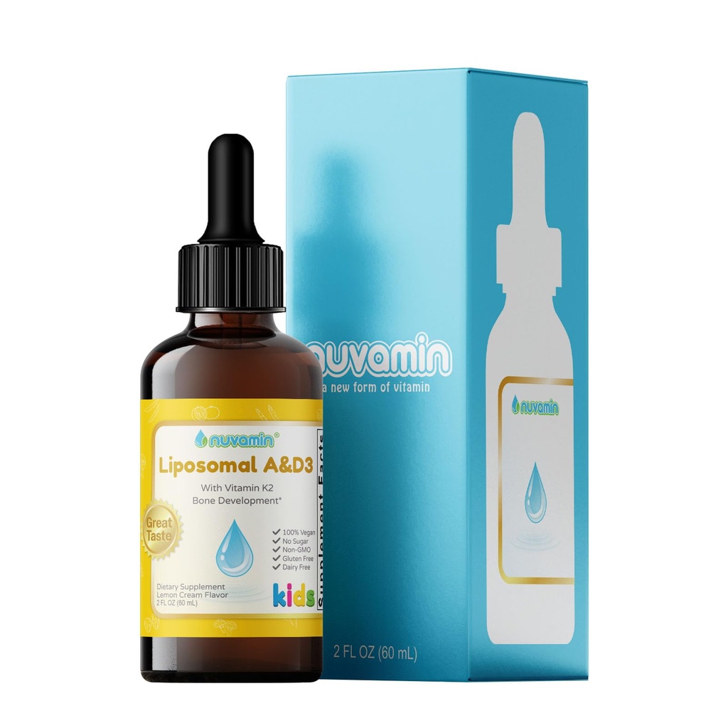 Nuvamin – Liquid Liposomal Vitamin A & D3 Drops with K2 for Baby Toddlers Kids & Adults, 800 IU/mL, 2 Fl.Oz (60ml), 120 Daily Serving, Great Taste - All Natural - Superior Absorption, Lemon Flavor