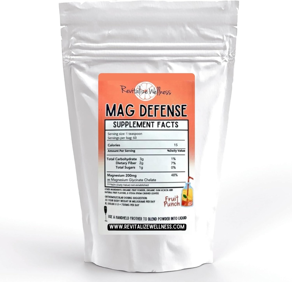 Mag Defense Powder | Orthomolecular Dose of Magnesium 200 mg as Magnesium Glycinate Chelate | Pure, Corn Free, & GMO-Free | Fruit Punch Flavor | 60 Servings