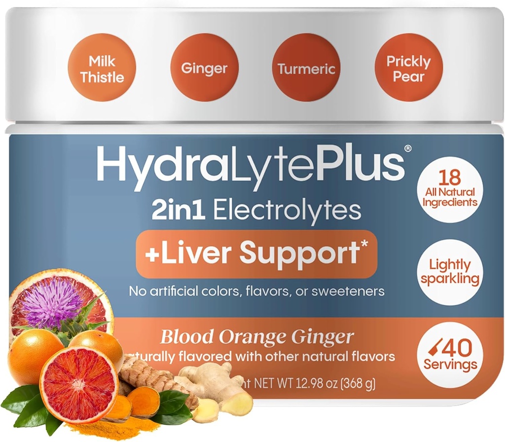 Hydralyte Liver Support + Electrolyte Mix with Milk Thistle, Turmeric, Ginger, Prickly Pear, Green Tea Extract Formulated for Rapid Rehydration, (Blood Orange Ginger, 40 Serve Tub)
