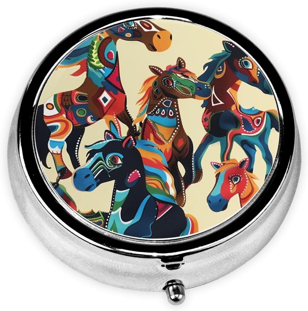 Πολύχρωμο Cartoon Horse Printed Round Pill Organizer με 3 διαμερίσματα, Portable Mini Pill Box Pill περίπτωση για την ιατρική, βιταμίνη, ιχθυέλαιο, συμπληρώματα