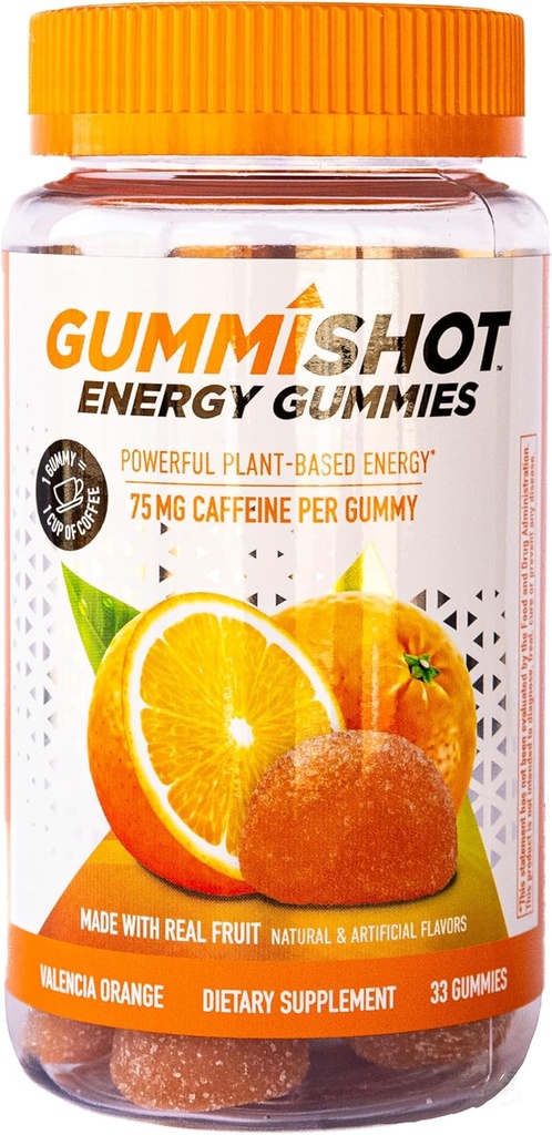 GummiShot Energy Gummies, 2475mg of Plant-Based Caffeine Chews per Bottle, Long Lasting Energy Boosters, Valencia Orange (33ct)