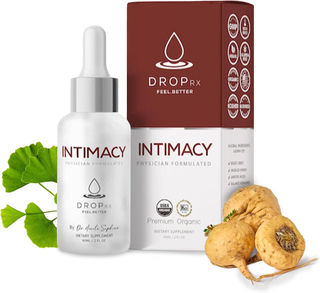 Drop Rx Intimacy by Dr. Nicole Safier – Organic Maca Root, Ginkgo Biloba & Tribulus Terrestris, Liquid Supplement for Support, Non-GMO, Vegan, Gluten-free, Kosher, Made in USA (2 Fl Oz)