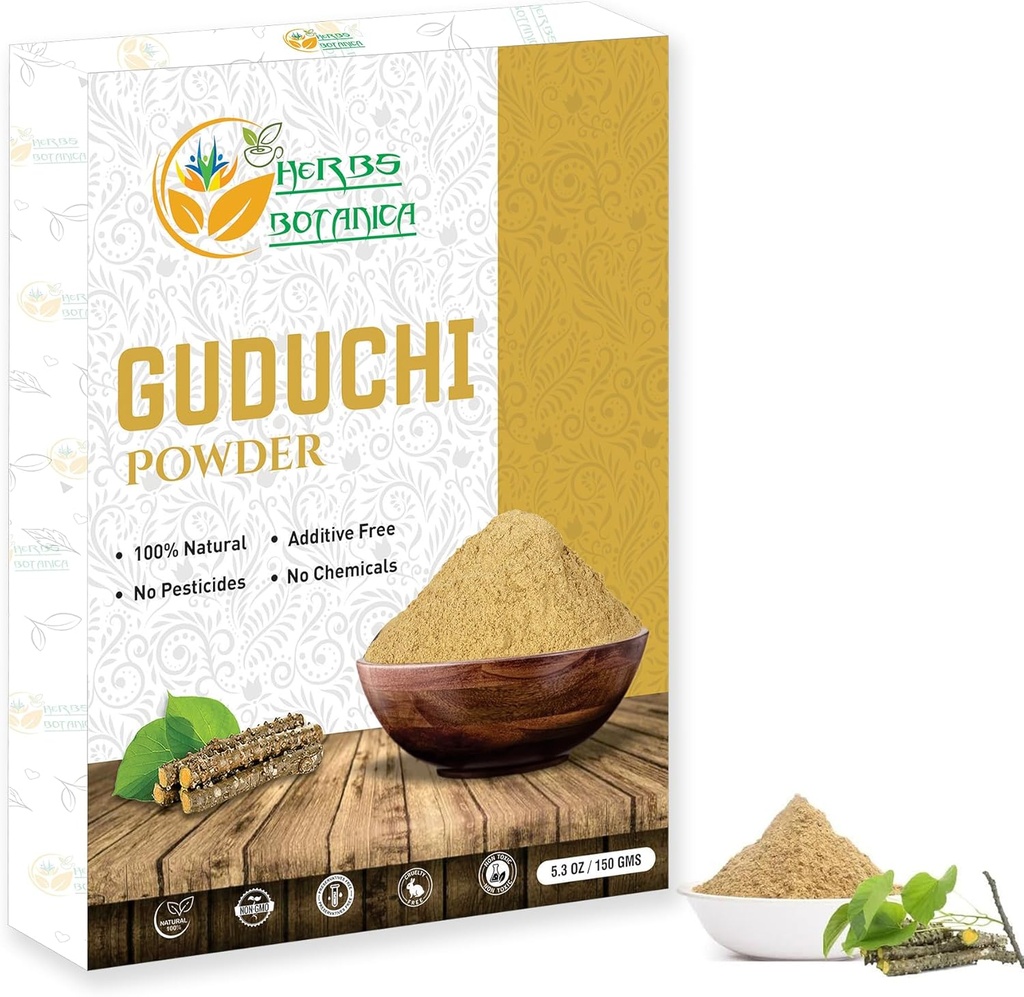Herbs Botanica Guduchi Powder USDA Organic Neem Giloy Powder | Tinospora cordifolia | Herbsl Supplement for Immune Support, Digestion 5.3 Oz / 150 GMS