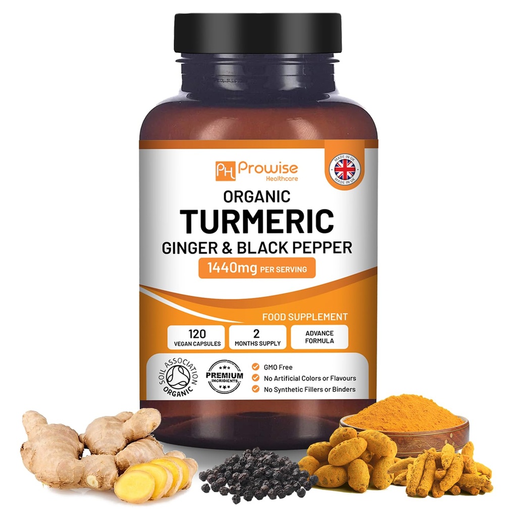 Turmeric Curcumin 1440mg με Μαύρο Πιπέρι & Τζίντζερ I 120 Vegan Turmeric Κάψουλες Υψηλής Δύναμης (2 Μήνες Προμήθεια) I Made in The UK by Prowise Healthcare