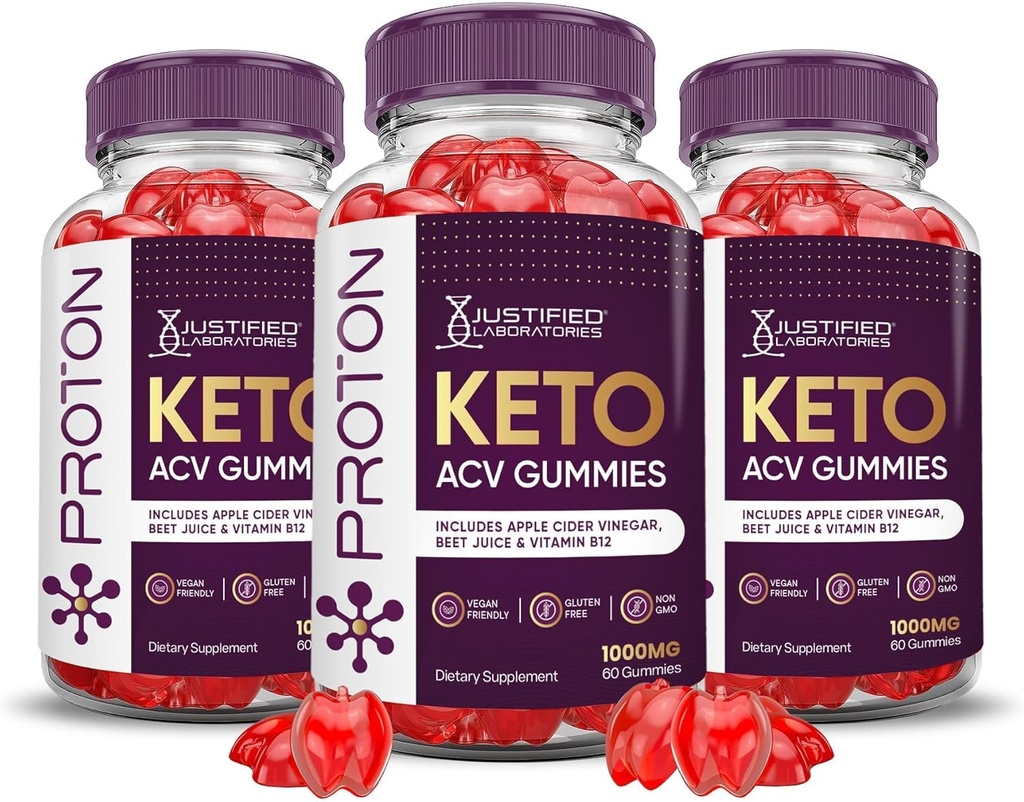 Justified Laboratories (3 Pack Proton Protein Keto ACV Gummies Advanced Formula 1000MG Proton Boost Formulated with Ρόδι με σκόνη χυμού τεύτλων B12 Vegan Non GMO 180 Gummys