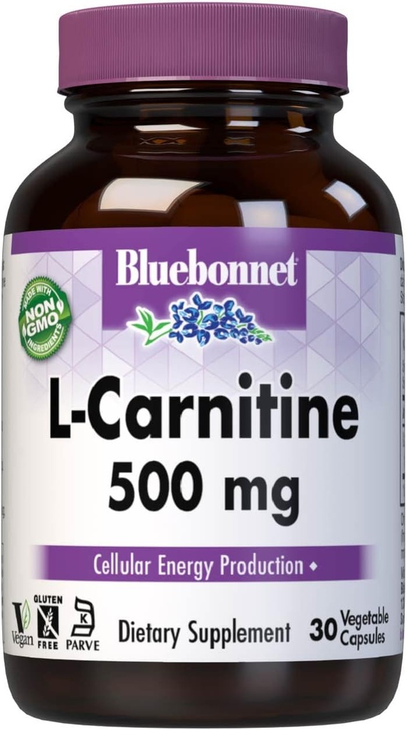 Bluebonnet Nutrition L-Καρνιτίνη 500mg, Μεταφορές Λιπαρά Οξέα*, Ενισχύει Κυτταρική Ενέργεια*, Χωρίς σόγια, Χωρίς γλουτένη, Μη ΓΤΟ, Kosher Certified, Vegan, 30 κάψουλες λαχανικών, 30 Σερβιέτες