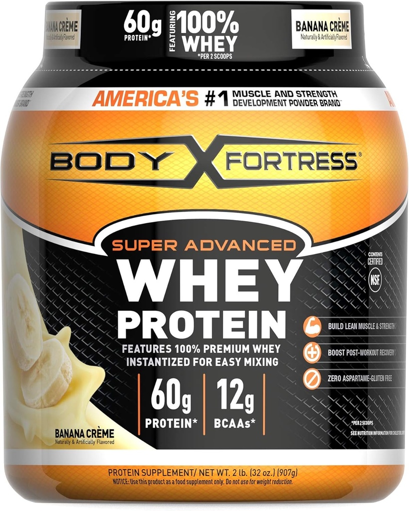 Φρούριο σώματος Super Advanced Whey πρωτεΐνη σκόνη, μπανάνα Creme Γεύση, χωρίς γλουτένη, 2 Lb