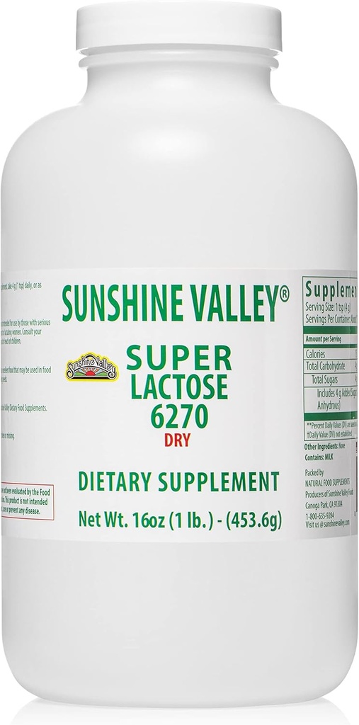 Sunshine Valley® Super Lactose Dry Powder (FREE FLOW POUUR) - Φυσικό γλυκαντικό & ενισχυτικό ψησίματος, ζάχαρη σε σκόνη για μαγείρεμα & μείγματα τροφίμων, Σταθεροποιητής & Filler τροφίμων - 16 oz