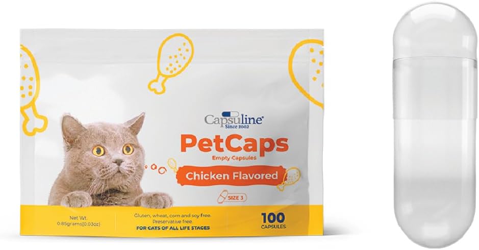 Capsuline PetCaps μέγεθος 3 άδειο Ζελατίνη κάψουλες για γάτες όλων των σταδίων της ζωής, κοτόπουλο αρωματισμένο - 100 Count