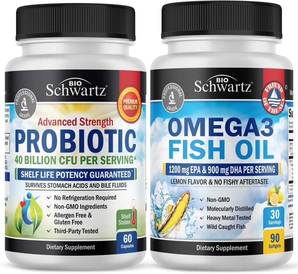 Triple Strength Omega 3 Fish Oil Softgels (1 Month Supply) Plus 40 Billion CFU Daily Probiotic Supplement (1 Month Supply)