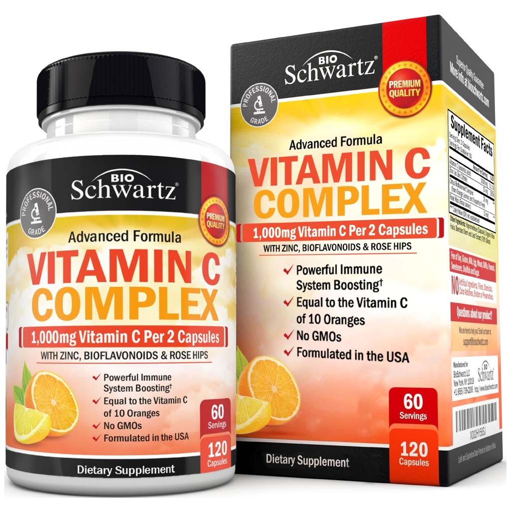 BioSchwartz Vitamin C Complex Supplement - Βιταμίνη C 1000mg Κάψουλες με Rose HIPS Ψευδάργυρος και Εσπεριδοειδή Βιοφλαβονοειδή για Ανοσολογική Υγεία, Κυτταρική Ενέργεια, Παραγωγή Κολλαγόνου, 120 Count (60 Day Supply)