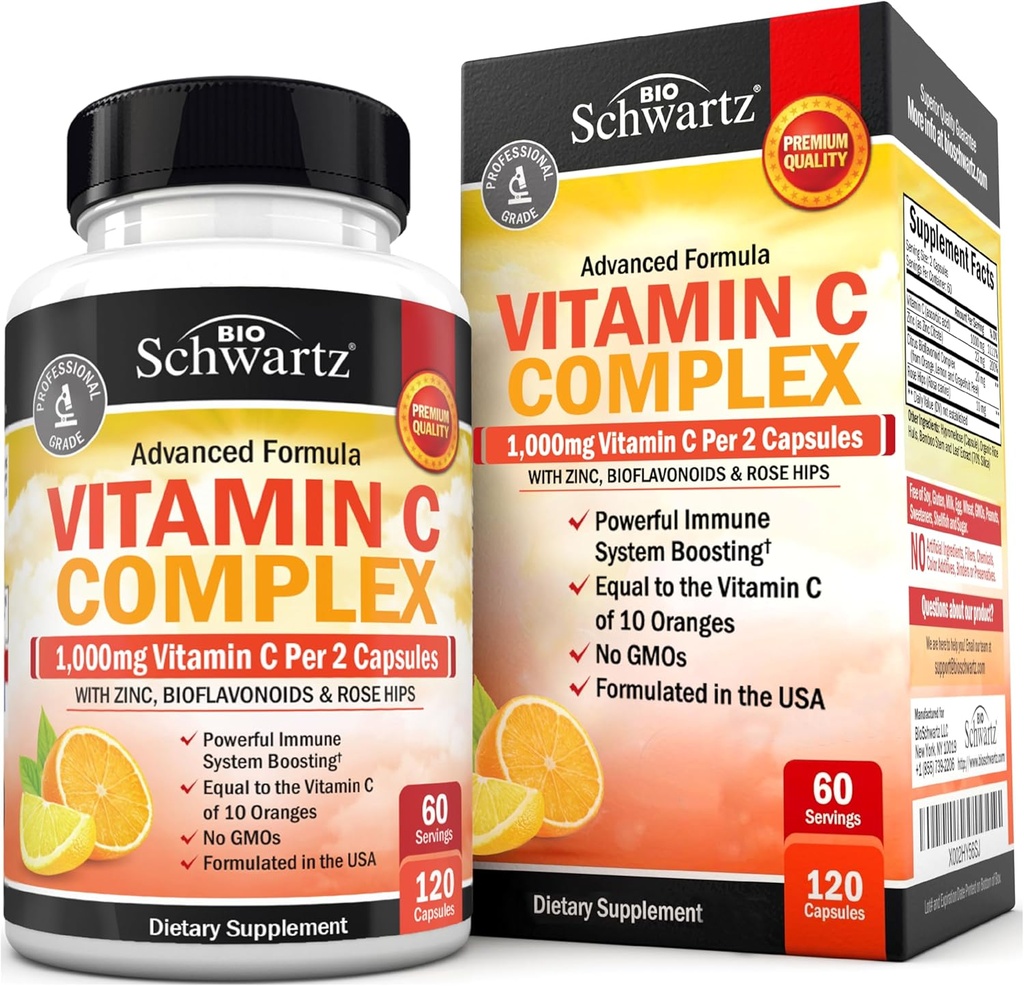 BioSchwartz Vitamin C Complex Supplement - Βιταμίνη C 1000mg Κάψουλες με Rose HIPS Ψευδάργυρος και Εσπεριδοειδή Βιοφλαβονοειδή για Ανοσολογική Υγεία, Κυτταρική Ενέργεια, Παραγωγή Κολλαγόνου, 120 Count (60 Day Supply)