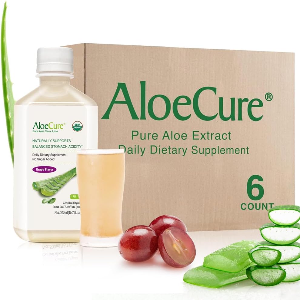 AloeCure USDA Organic Aloe Vera Juice Grape Flavor, Made Μέσα σε 12 ώρες από τη συγκομιδή - Pure Aloe Vera Digestive & Immune Health Supplement, Βοηθά στη διατήρηση ισορροπίας στο στομάχι Οξύτητα, 16.7oz x 6 Btls