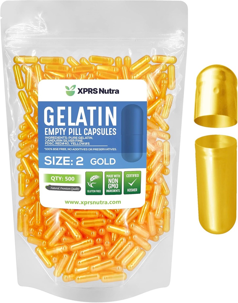 XPRS Nutra Μέγεθος 2 Κενές κάψουλες - 500 Count Empty Gelatin Κάψουλες - Χάπια DIY Κάλυμμα καψακίων - Καθαρά Καπάκια τζελ για το Do-It-Yourself Συμπληρώματα (Χρυσό)