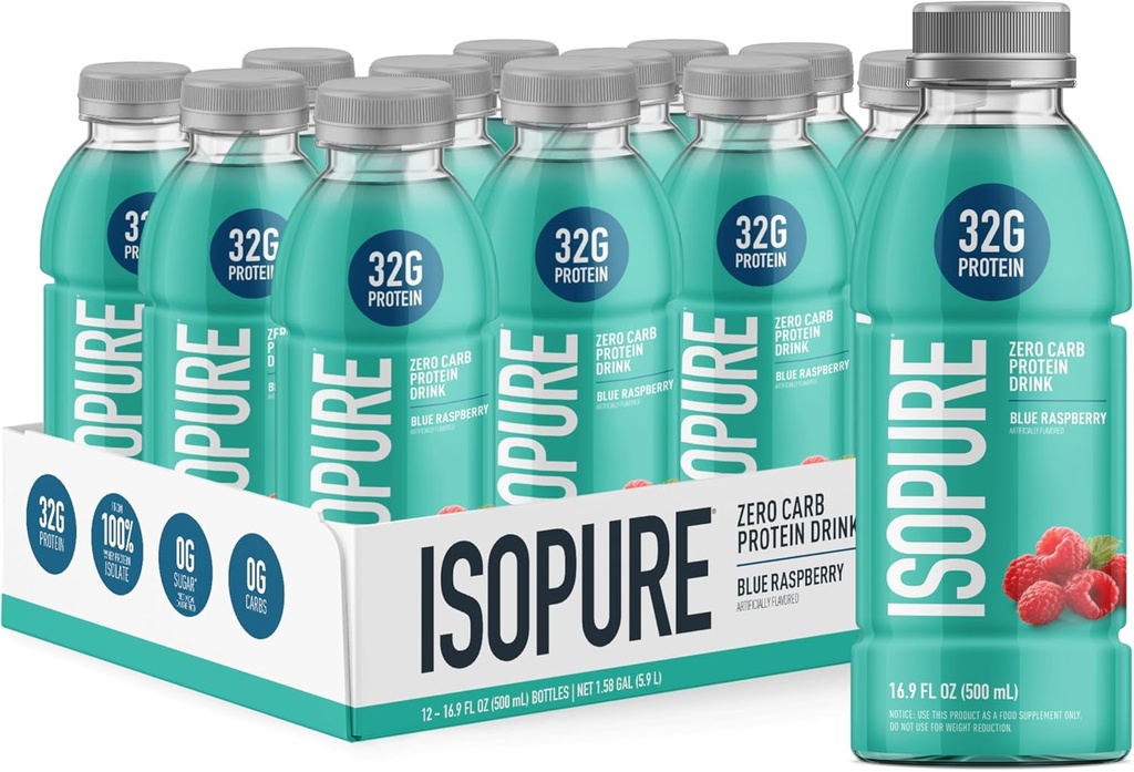 Isopure Zero Carb 32g καθαρή πρωτεΐνη έτοιμη για κατανάλωση, Whey Protein Isolate, Blue Raspberry, 12 Pack (συσκευασία Μαΐου Vary)