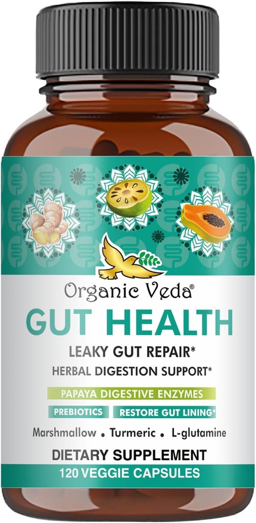 Organic Veda Marshmallow Turmeric Gut Supplement - Digestion Health, Leaky Gut Repair & Cleanse Support - Papaya Digestive Enzymes, Prebiotics, L-Glutamine, Green Banana, Psyllium Husk - 120 Κάψουλες