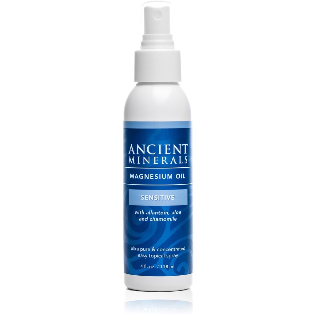 Ancient Minerals Magnesium Oil Spray Sensitive All-New Sensitive Formula with Allantoin, Organic Chamomile, and Organic Aloe Vera (4oz)