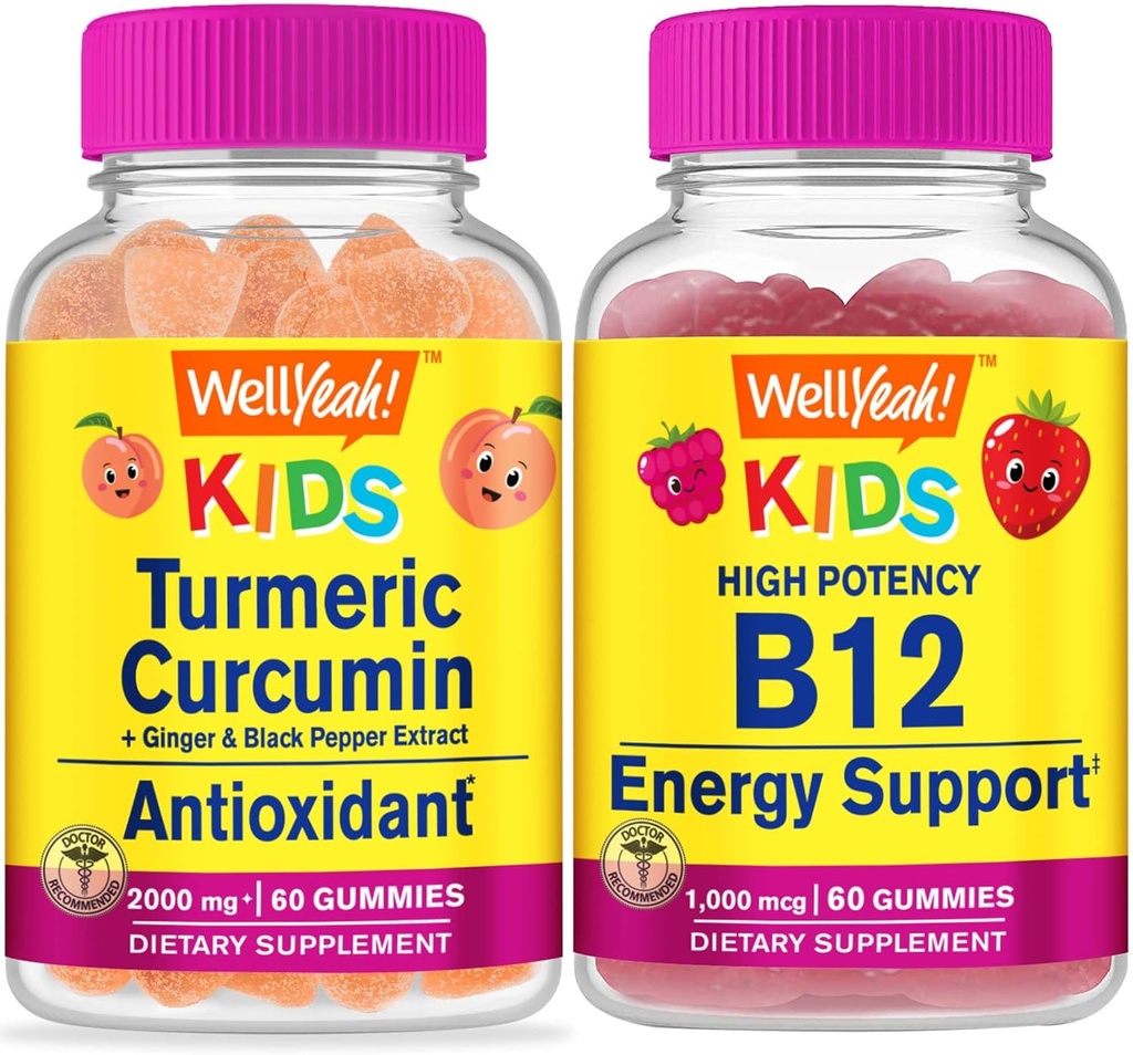 WellYeah Turmeric Curcumin Kids + Vitamin B12 Kids, Gummies Bundle - Μεγάλη γεύση, συμπλήρωμα βιταμινών, χωρίς γλουτένη, GMO δωρεάν, μασώμενη κοιλιά