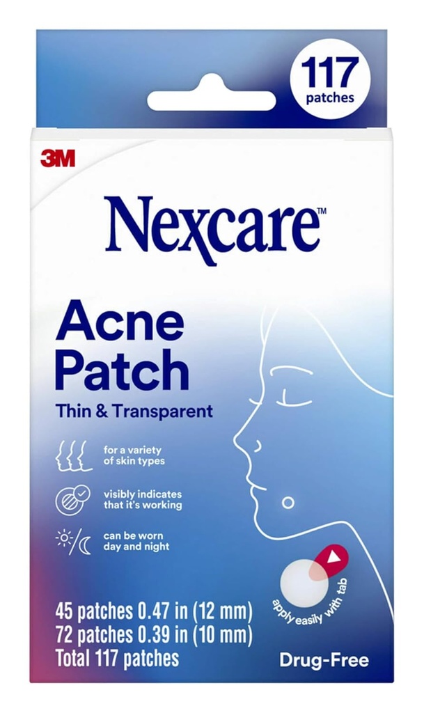 Nexcare Thin and Transparent Acne Patch, Skin Cover Absorbs Pus and Oil from Clogged Pores, Made with hydrocolloid, tab Allows for Easy Removal from Liner - 117 Pimple Patches