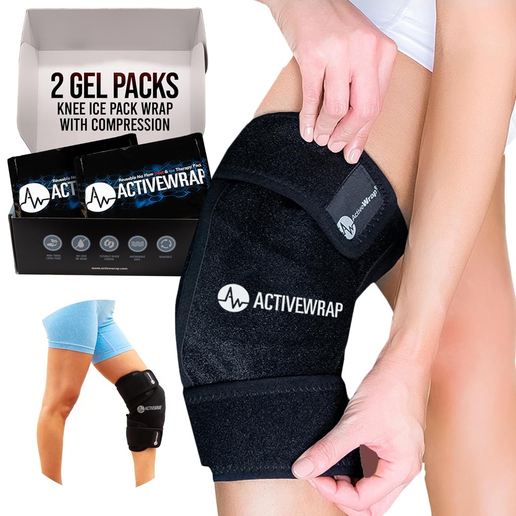 ActiveWrap - Knee Ice Pack Wrap με συμπίεση, 2 Reuseable Gel Heat & Cold Packs for Knee Pain, Sore Legs & Shin Splints. Ευέλικτη ψυχρή περιτύλιξη για τραυματισμό και έλεγχο οίδημα & κοινή υποστήριξη - ένα μέγεθος ταιριάζει περισσότερο