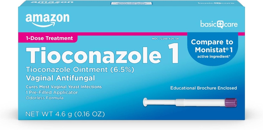 Basic Care Tioconazole Ointment 6,5 τοις εκατό, 1-Dose θεραπεία, Κολπική θεραπεία μόλυνσης ζύμης για τις γυναίκες, φροντίδα θηλυκών, 0,16 ουγγιά (πακέτο του 1)