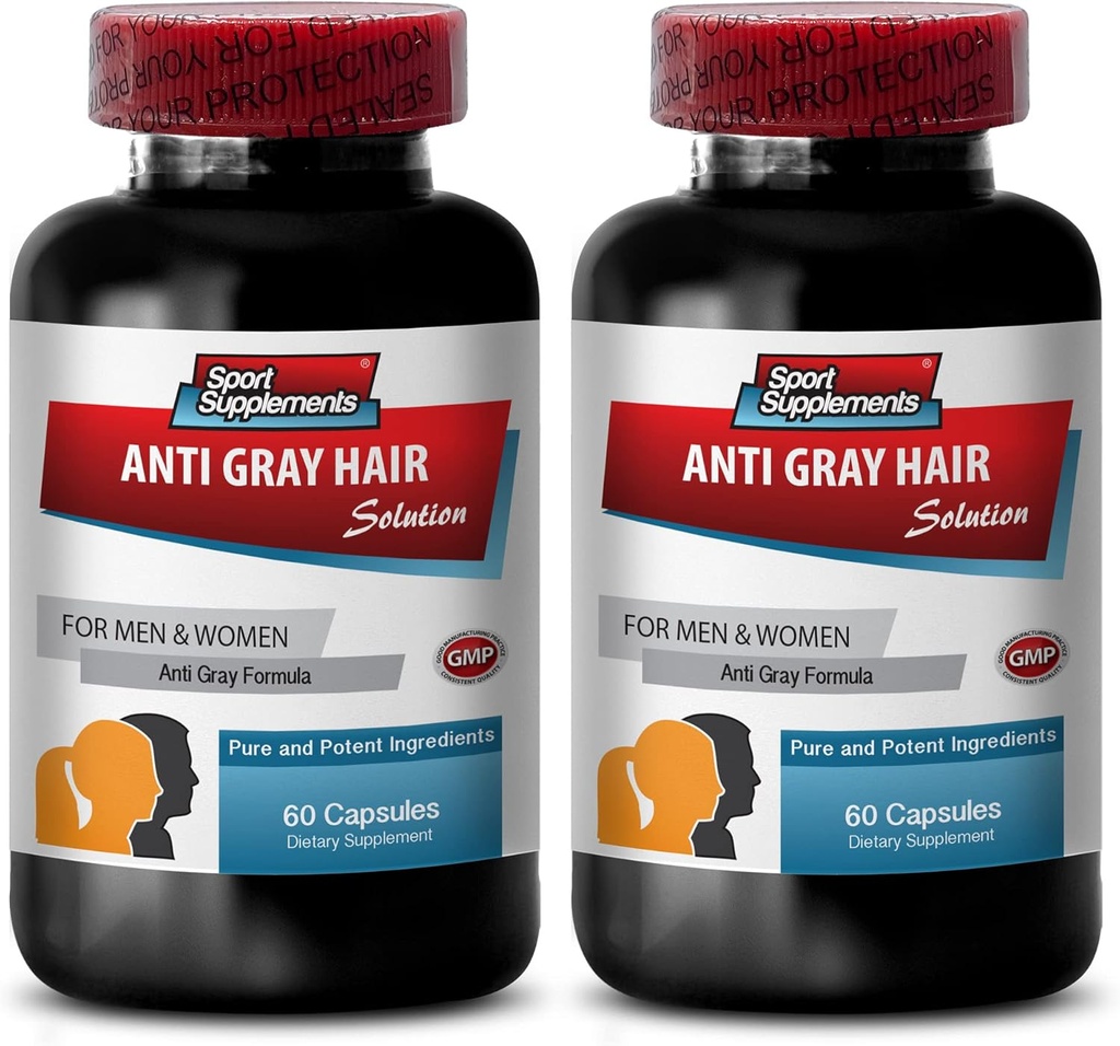 Αποκαταστήστε το χρώμα των μαλλιών - Anti Gray Hair Natural Formula για άνδρες και γυναίκες - Βιταμίνη Β6, PABA, Biotin, Anti Gray Hair Supplement, Gray Hair Hills, Biotin Supplement, folic Acid, L-Tyrosine, 2 Bot 120 Caps