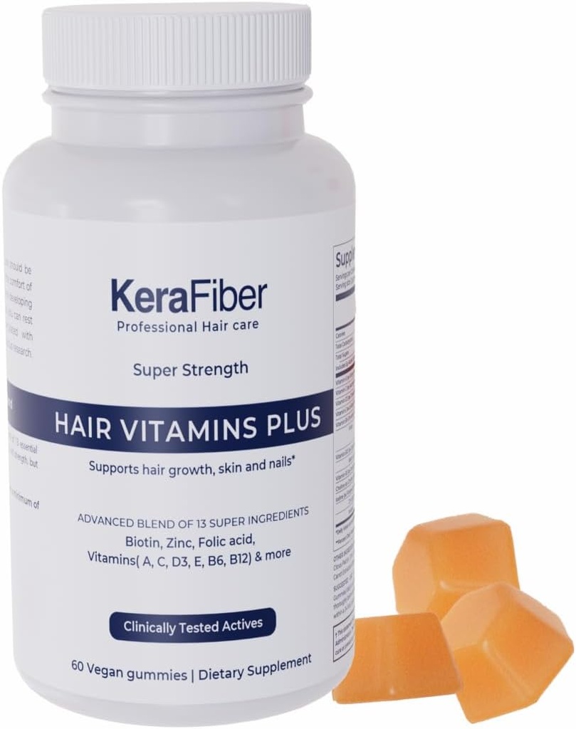 KeraFiber Professional Βιταμίνες μαλλιών Plus Gummies - Βιοτίνη συμπληρώματα ανάπτυξης μαλλιών - Vegan Βιταμίνες μαλλιών με ψευδάργυρο, βιταμίνες A, C, D, E, B6, B12 - Υποστηρίζει την ανάπτυξη μαλλιών, δέρμα & νύχια - 60 Count
