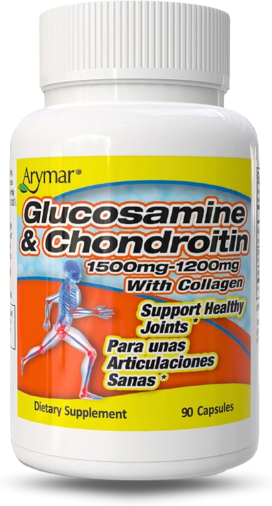 ARYMAR Glucosamine 1500 mg and Chondroitin 1200 mg with Collagen – Joint Health Supplement – 90 Capsules