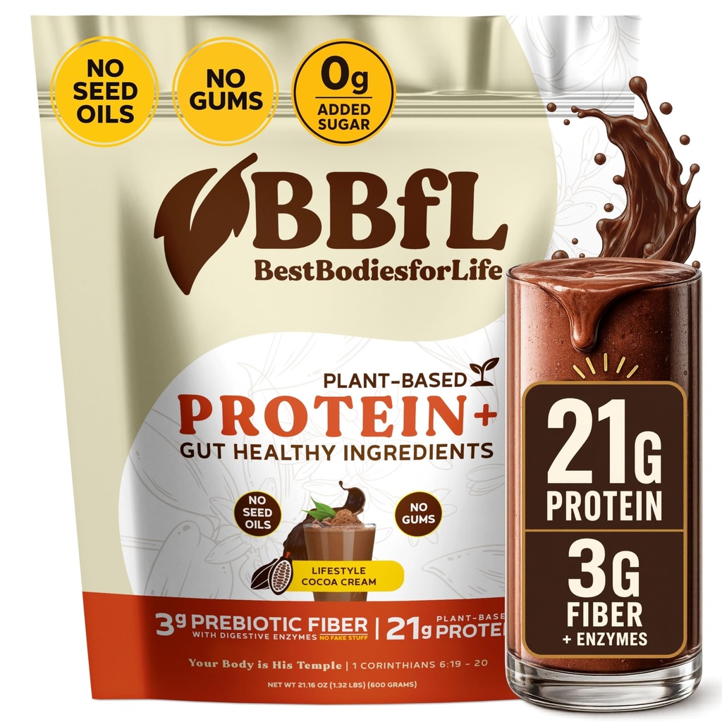BBfL Πρωτεΐνη με βάση το φυτό Shake – 21g Πρωτεΐνη Vegan, Κακάο + Μηλίτη της Μήλου Ξίδι, Πρεβιοτικά, Επιπεφυκτικά Ένζυμα, Υποστηρίζει Υγεία των Ούλων – All-in-One Shake for Women & Men (15 Servings, Cocoa Cream)