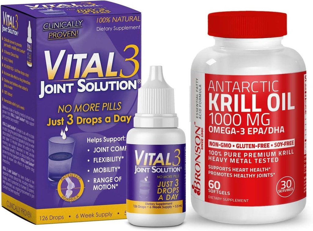 Vital 3 Joint Solution® Clinically Αποδεδειγμένη Υγρή ανακούφιση γονάτου + Bronson Ανταρκτική Krill Oil 1000 mg με Omega-3s EPA, DHA