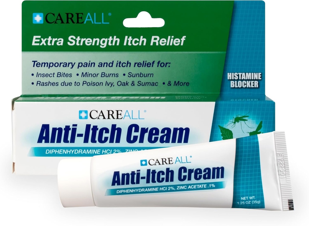 CareAll Anti-Itch Cream 1.25oz Histamine Blocking, Diphenhydramine HCI 2% a Topical Analgesic & Zinc Acetate 0.1% a Skin Protectant Provide Προσωρινός πόνος και Itch Relief from Common Outdoor Itches