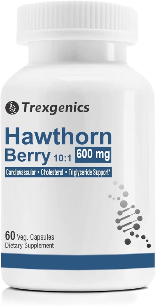 Trexgenics Hawthorn Berry 600 mg Καρδιαγγειακό, Χοληστερόλη, τριγλυκερίδια, Υποστήριξη πίεσης αίματος Vegan & Non-GMO (60 Veg Κάψουλες) (Συσκευασία 1)