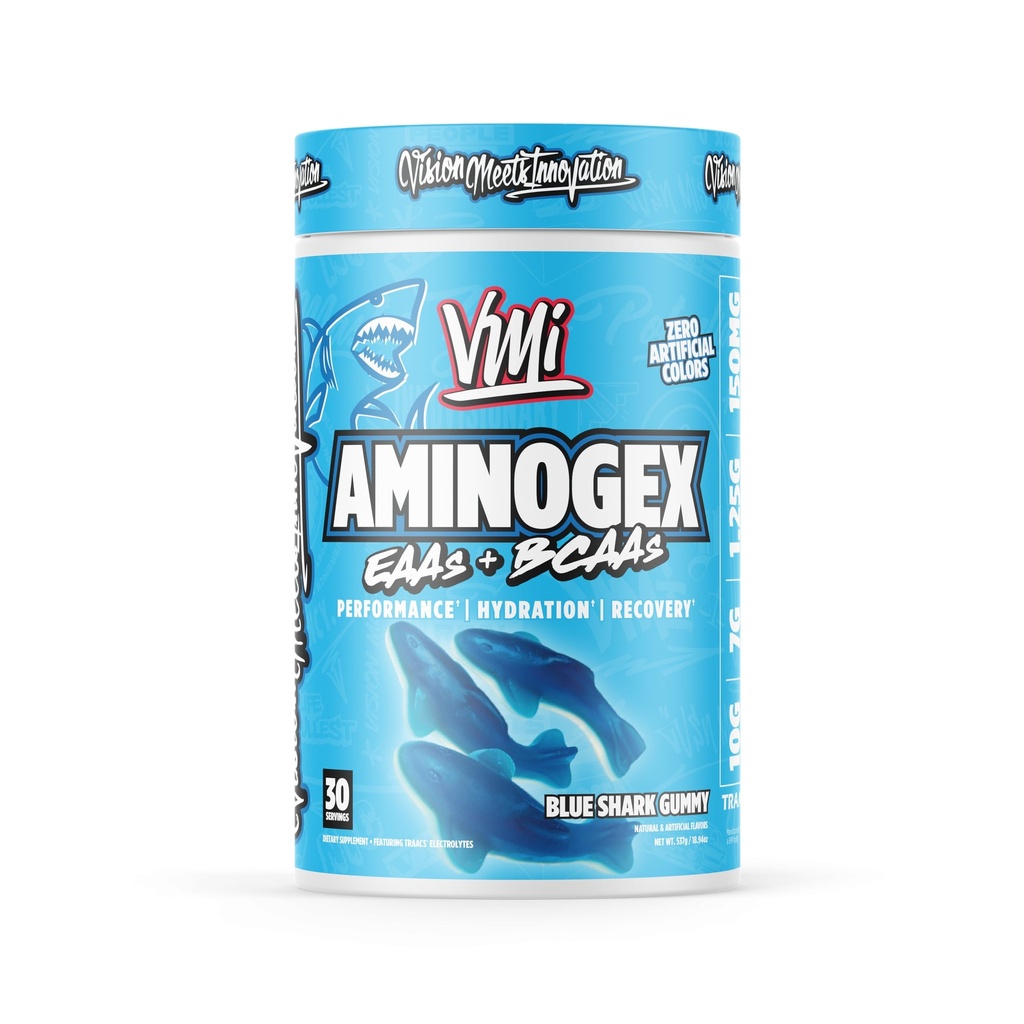 VMI Sports Aminogex Ultra | EAA + BCAA Powder | Amino Acid + Hydration Recovery Drink with Electrolytes, Betaine and Glutamine | (30 Servings) (Blue Shark Gummy)