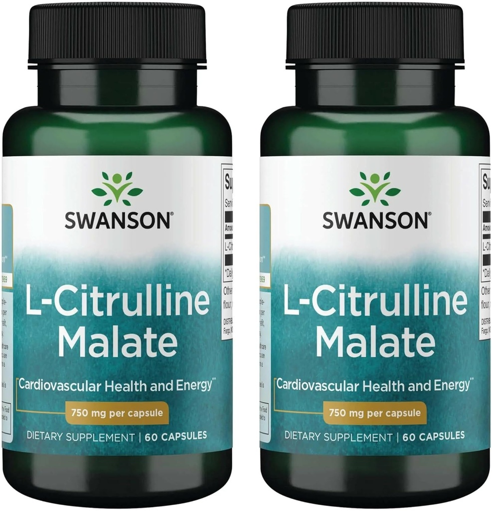 Swanson L-Citrulline Malate - Amino Acid Supplement Promotion Energy Production & Healthy Blood Circulation - Φυσική Φόρμουλα που υποστηρίζει τη συνολική ευεξία - (60 κάψουλες, 750mg έκαστο) (2 Pack)