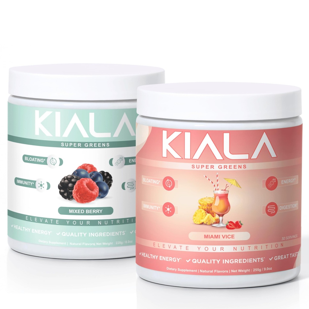Διατροφή της Kiala Super Greens, Βιολογικά Πράσινα Σκόνη, Spirulina & Chlorella Superfood Σκόνη, Ζάχαρη & Γλουτένη Χωρίς Vegan, Spectra Blend, Μικτό Berry & Miami Vice, 2 Pack