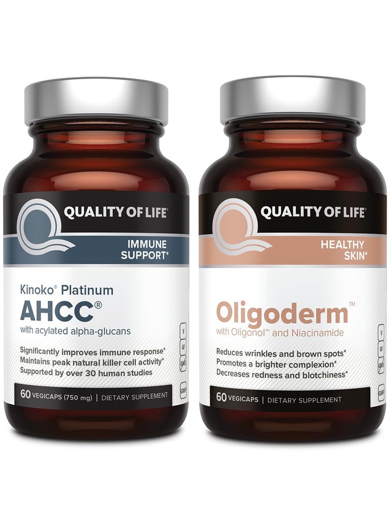 Ποιότητα της ζωής με Kinoko Platinum AHCC Mushroom Extract και Oligoderm με εκχύλισμα Oligonol Lychee - Immune Support Skin Health Bundle