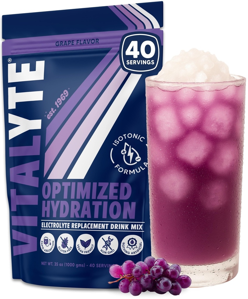 Vitalyte Ηλεκτρολυτικό Ποτό σε σκόνη Μείγμα, Ισοτονικό Ηλεκτρολυτικό Μείγμα Ενυδάτωσης, Χωρίς Γλουτένη Μείγμα Σκόνης, Συσκευασία των 1, 35 oz., Γεύσεις Σταφυλιού