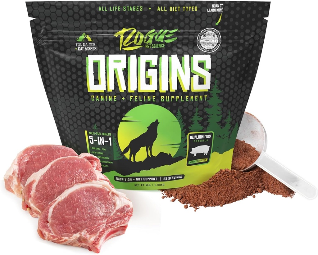 ROGUE PET SCIENCE Προέλευση 5-σε-1 συμπλήρωμα σκύλων - Σκόνη τροφίμων Τόπερ w/Φυσικό Heirloom Πρωτεΐνη Χοιρινό- Υποστηρίζει την υγιεινή πέψη, το δέρμα, και το παλτό - βοηθά στη μείωση φαγούρα & κοινή φλεγμονή (2 lbs)