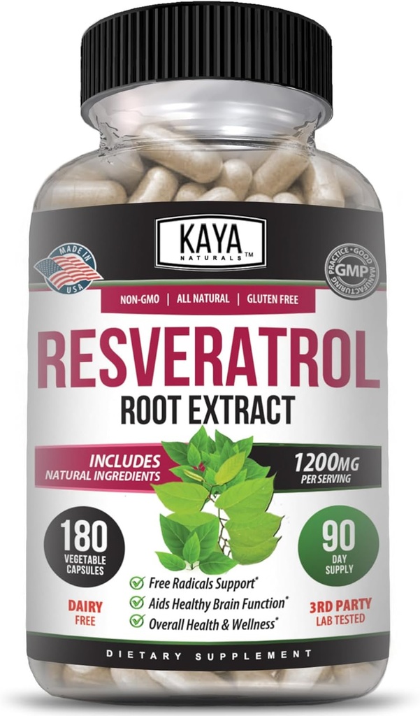 Kaya Naturals - Καψάκια ρεσβερατρόλης - Συμπλήρωμα κατά της γήρανσης - Αντιοξειδωτικά με την υποστήριξη του εγκεφάλου - Μέγιστο Οφέλη - 180 Κάψουλες Veggie