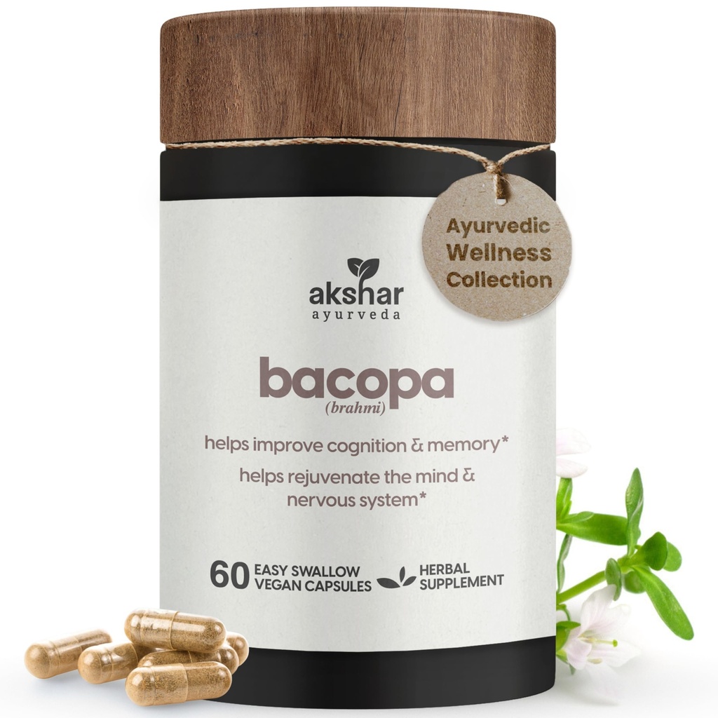 AKSHAR Ayurveda - συμπλήρωμα Bakopa 500mg Brahmi, Αναζωογονητικό σύστημα, χάπια Bacopa για την υποστήριξη Γνωστική λειτουργία για ενήλικες, Vegan Cruelty Free Bakopa Monnieri (60 Count)