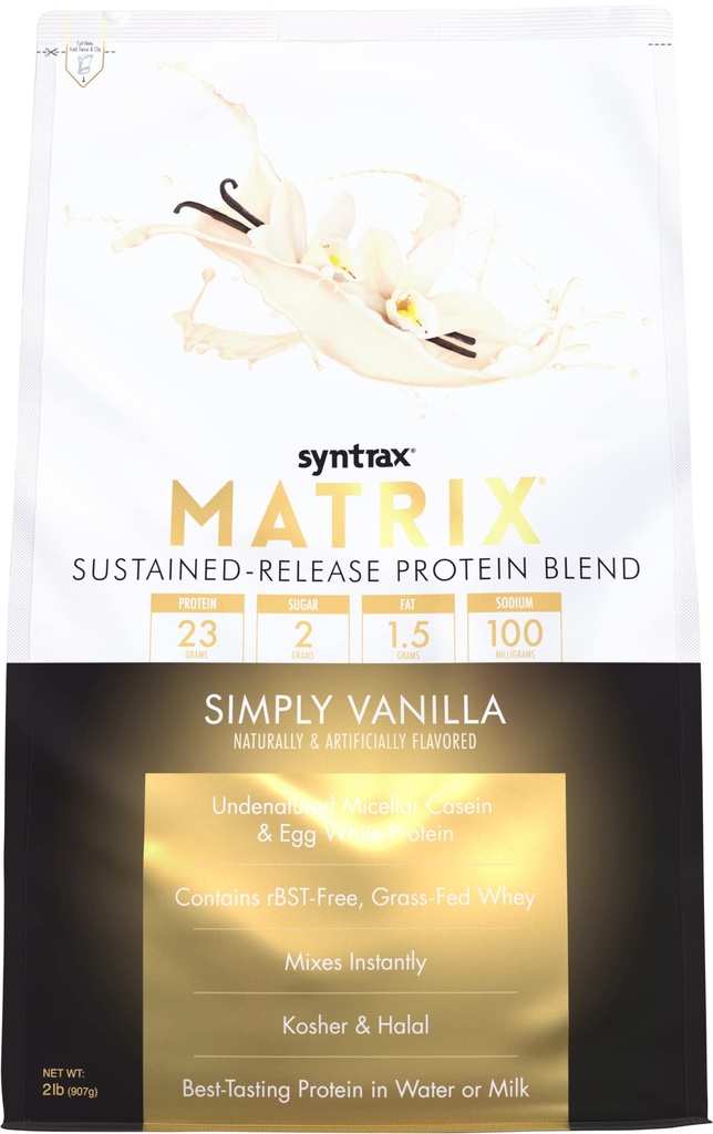 Syntrax Nutrition Matrix - Μείγμα πρωτεΐνης παρατεταμένης αποδέσμευσης, απλά βανίλια 2 lbs. Real Vanilla Bean Specks