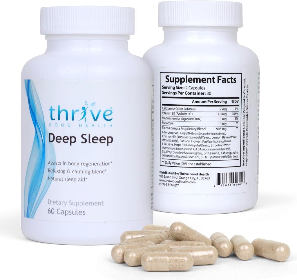 Thrive Good Deep Sleep - Sleep Supplement with Calcium Carbonate, Vitamin B6, Magnesium - Sleep Aid Formula with Melatonin, L-Tryptophan, 5-HTP, Inositol, Natural Plant Extracts - 60 Veggie Capsules