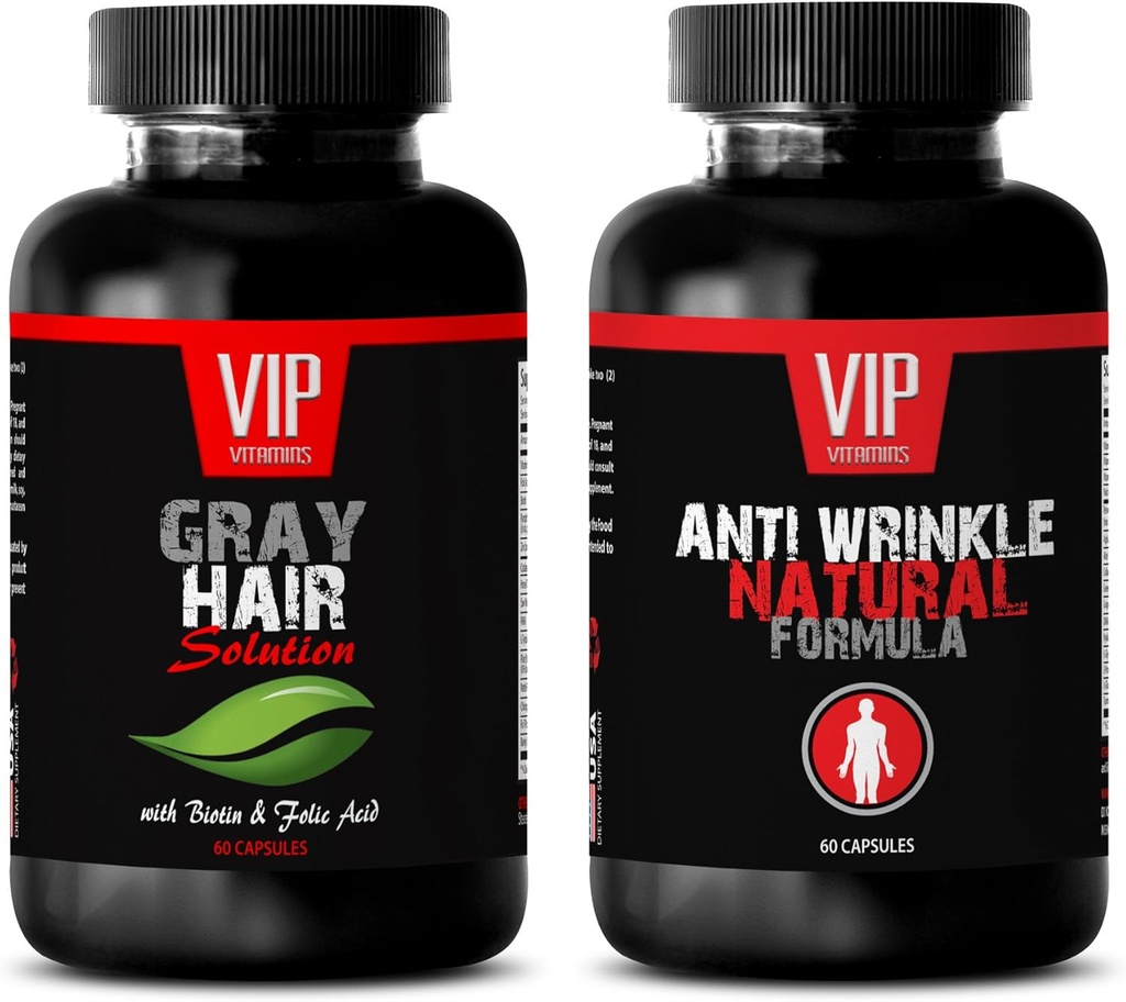 Anti-Aging Essential - Gray Hair Solution – Anti Wrinkle Formula - Saw Palmetto Natural - 2 Bottles (60 Capsules + 60 Capsules)